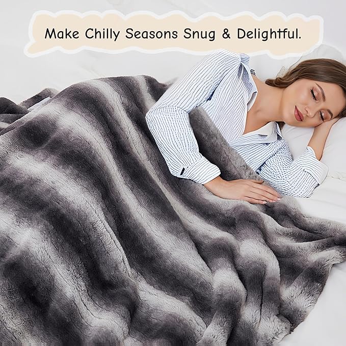 Soypipo Electric Heated Throw Blanket 50"x60", Grey White Striped Faux Fur Plush with 4 Heat Settings & 2/4/8/10H Auto Shut-Off, Overheat Protection, Machine Washable