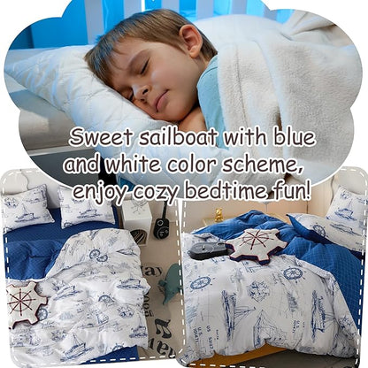 Simple&Opulence 100% Organic Cotton Duvet Cover for Kids Teens, 4 Pieces Soft Cartoon Comforter Cover with Zipper Closure, Boys Bedding Set with Sailboat Pattern,Full/Queen