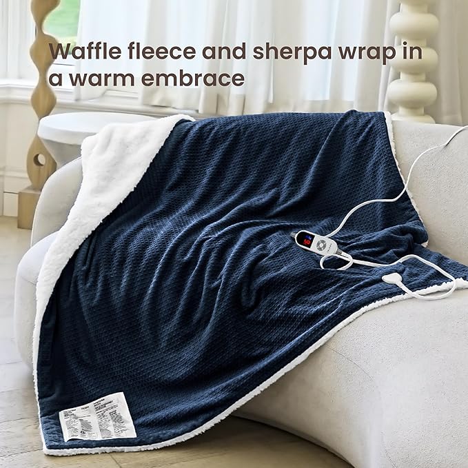 Heated Blanket Electric Throw Waffle, 50x60 Inches Sherpa Fleece Fast Heating Blanket 6 Heating Levels & 4 Hours Auto Off ETL Certification, Navy Throw