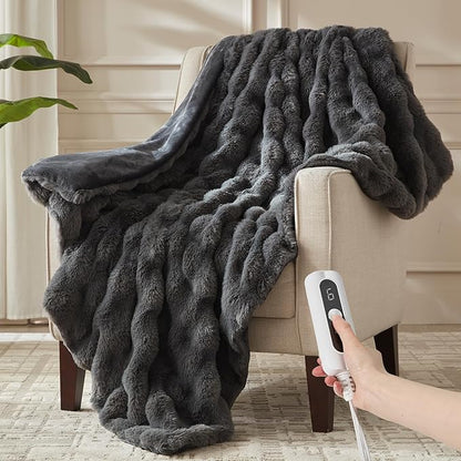 Heated Blanket Twin Size- Plush Thick Bubble Faux Fur Heated Blanket, Fast Heating Electric Blanket 6 Heating Levels & 10 Hours Auto-Off, Machine Washable, 62"x84", Dark Grey