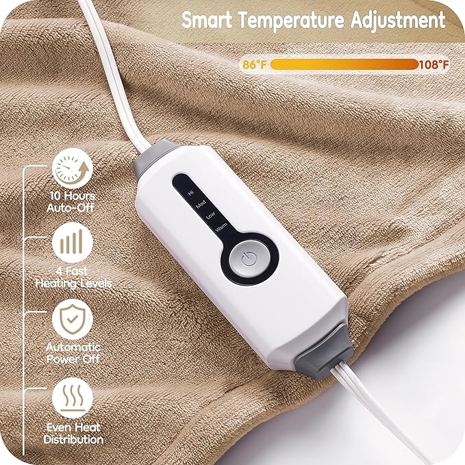 Electric Heated Blanket Full Size 72×84, Breathable & Luxurious Flannel,Soft Warm Gift with Over-Heat Protection, 4 Heating Levels & 10 H Auto Shut Off, Machine Washable, Light Brown