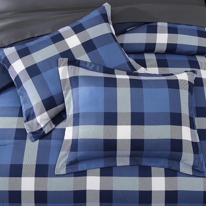 MaiRêve Queen Size Plaid Comforter Set Indigo Blue, Classic Checkered 7 Pieces Farmhouse Bedding Set, All Season Lightweight Bed in A Bag with Sheets, Pillowcases & Shams