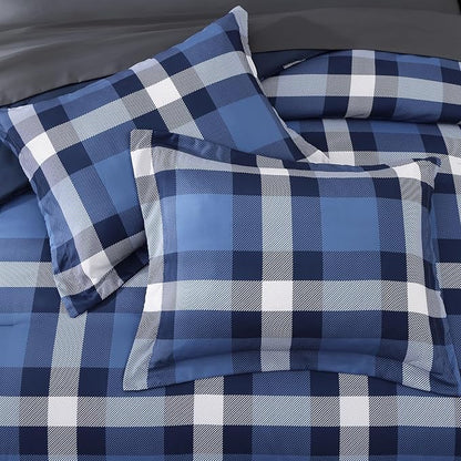 MaiRêve Queen Size Plaid Comforter Set Indigo Blue, Classic Checkered 7 Pieces Farmhouse Bedding Set, All Season Lightweight Bed in A Bag with Sheets, Pillowcases & Shams