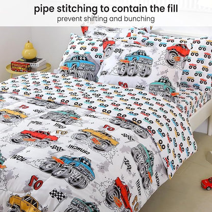 Mooreeke Full Size Comforter Sets for Boys Kids, 8 Pieces Bed in a Bag Monster Truck Bedding Comforter Sheet Set with Shams and Decorative Toy Pillow, Ultral Soft Microfiber Kids Bed Set
