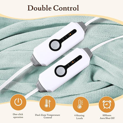 Electric Heated Blanket 90"x100" King Size - 4 Heat Settings & Dual Controllers, 10H Auto Shut Off, Ultra-Soft Coral Fleece Heated Blanket with Overheat Protection, Mint Green