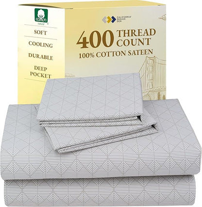 California Design Den California King Sheet Sets - 400 Thread Count Sateen, Natural 100% Cotton Sheets, Deep Pocket and Durable Bedding Set - Taupish-Sage Crosshatch