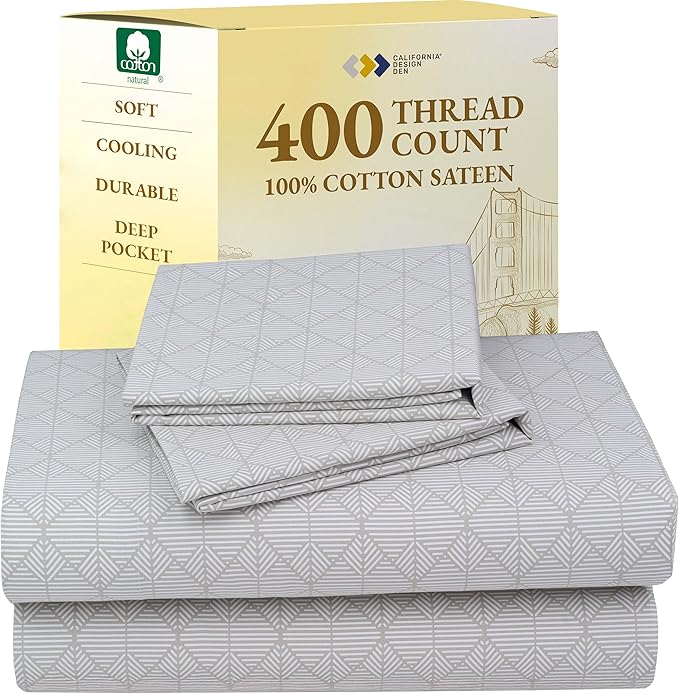 California Design Den Queen Sheet Set - 400 Thread Count Sateen, Natural 100% Cotton Sheet Set Queen Size, Deep Pocket and Durable Bedding - Taupish-Sage Crosshatch