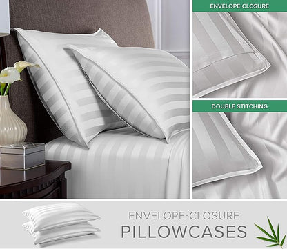 Pure Bamboo King Sheets, Genuine 100% Organic Viscose Derived from Bamboo Bed Sheet Set, Luxuriously Soft & Cooling, Double Stitching, 2 Year Quality Promise (King, Jacquard White)