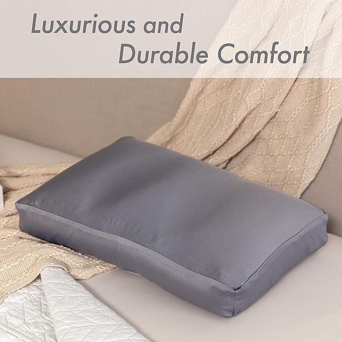 PILLOWY Premium Microbead Bed Pillow, Medium Extra Fluffy But Supportive - Ultra Comfortable Sleep with Silk Like Anti Aging Cover 85% Spandex/ 15% Nylon Breathable, Cooling Dark Grey