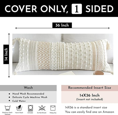 BlissBlush Cream Decorative Lumbar Throw Pillow Cover 14x36 Boho Long Cushion for Bed Neutral Beige White Accent Modern Farmhouse Pillowcase for Bedroom Living Room Couch Sofa Home Décor Cover ONLY