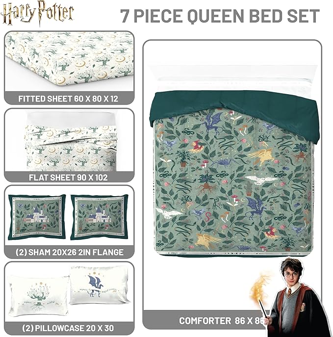 Jay Franco Kids Comforter Set Includes Sheets and Pillow Covers - Soft and Cozy Bed Set for Stylish Room Decor, Official Licensed Product, Green - Harry Potter, 7 Piece Queen