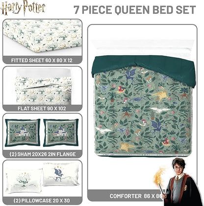 Jay Franco Kids Comforter Set Includes Sheets and Pillow Covers - Soft and Cozy Bed Set for Stylish Room Decor, Official Licensed Product, Green - Harry Potter, 7 Piece Queen