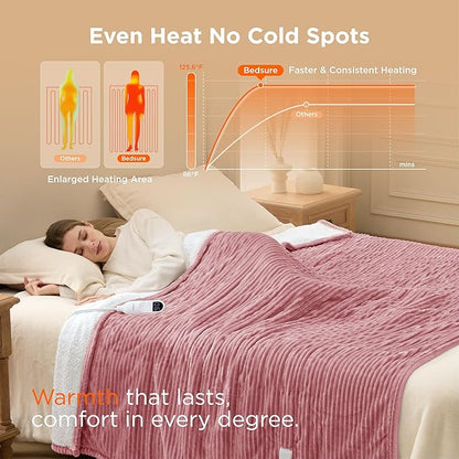 Bedsure GentleSoft Electric Blanket Twin - Soft Ribbed Flannel Heated Blanket, Heating with 10 Time Settings, 6 Heat Settings, and 8 hrs Timer Auto Shut Off (62x84 inches, Pink)