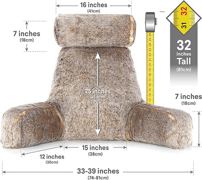 Husband Pillow XXL Ultra Rare Baby Chinchilla Backrest, Two-Tone Reversible Double Sided Fabulous Faux Fur Reading & Bed Rest Pillow with Arms & Neck Roll, Adjustable Memory Foam - Extremely Comfy
