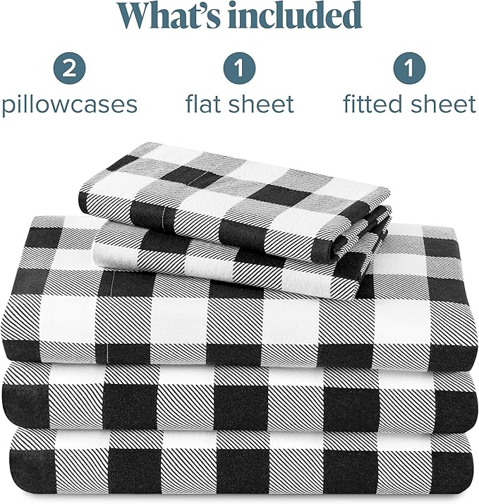 Bare Home Flannel Sheet Set Prints, 100% Cotton, Velvety Soft Heavyweight - Double Brushed Flannel for Extra Softness & Comfort - Deep Pocket - Bed Sheets (Queen, Buffalo Plaid - White/Black)
