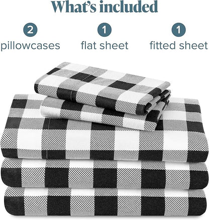 Bare Home Flannel Sheet Set Prints, 100% Cotton, Velvety Soft Heavyweight - Double Brushed Flannel for Extra Softness & Comfort - Deep Pocket - Bed Sheets (Queen, Buffalo Plaid - White/Black)