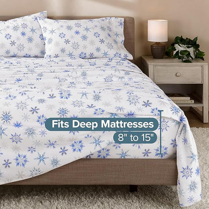 Bare Home Cotton Flannel Sheet Set Prints, 100% Cotton, Velvety Soft Heavyweight - Double Brushed for Softness & Comfort - Deep Pocket - Bed Sheets - Cotton - Flannel - Printed (Full, Snowflakes)