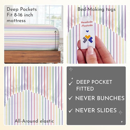 California Design Den Striped Queen Sheet Set - 400 Thread Count Sateen, Natural 100% Cotton Sheet Set Queen Size, Deep Pocket and Durable Bedding - Rainbow Striped