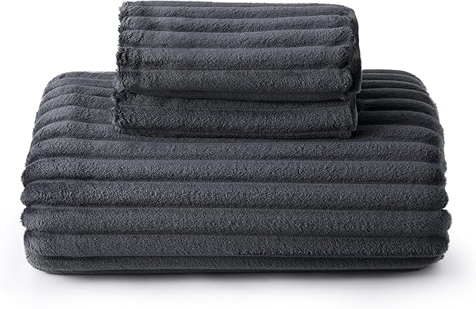 Bedsure Fluffy Duvet Cover Set - Ultra Soft Plush Shaggy Comforter Cover King Size, Warm Flannel Fleece Bed Sets for Winter, 3 Pieces (Striped Pattern, Dark Grey)