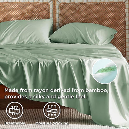 Bedsure Full Size Bed Sheets, Cooling Sheets, Rayon Derived from Bamboo, Breathable & Soft, Deep Pocket Up to 16 Inches, Hotel Luxury Silky Bedding for Hot Sleepers, Sage Green