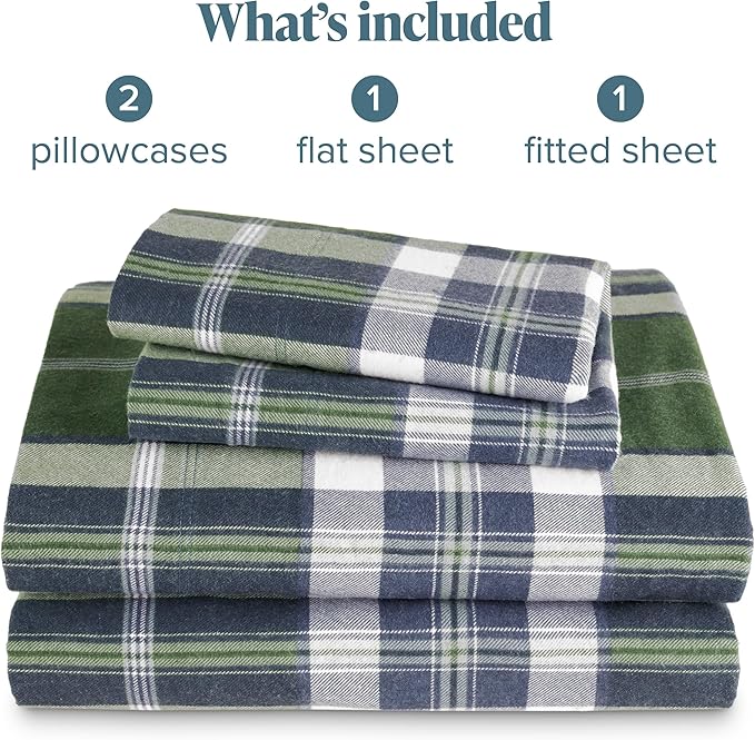 Bare Home Cotton Flannel Sheet Set Prints, 100% Cotton, Velvety Soft Heavyweight - Double Brushed for Softness & Comfort - Deep Pocket - Bed Sheets (Queen, Enchanted Plaid - Green)