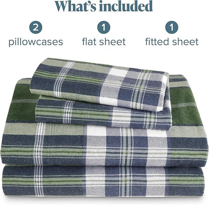 Bare Home Cotton Flannel Sheet Set Prints, 100% Cotton, Velvety Soft Heavyweight - Double Brushed for Softness & Comfort - Deep Pocket - Bed Sheets (Full, Enchanted Plaid - Green)