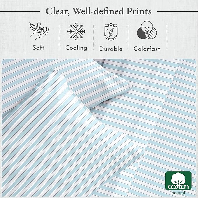 California Design Den Deep Pocket Twin Sheets Set - 400 Thread Count Sateen, Natural 100% Cotton Sheets, and Durable Bedding Set - Cape Stripe