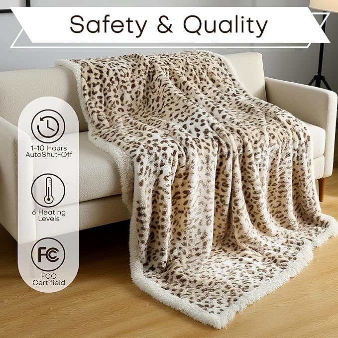 Electric Heated Blanket Queen Size 84"x90" - Microplush & Sherpa Fabric Dual-Sided, 6 Heat Settings & 10 Hours Auto Off, Cozy Warming Throw for Office or Bed, Machine Washable, Beige Leopard Print