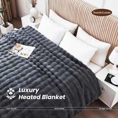 Heated Blanket Queen 84''x 90'', Fast Heating Electric Blanket Ultra-Soft Faux Rabbit Fur with 5 Heat Levels & 5H Auto Shut-Off, Overheat Protection, Machine Washable
