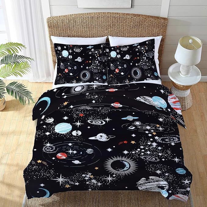 Space Bedding Set 3 Pieces Twin Size Galaxy Duvet Cover Comforter Cover Sets with 2 Pillowcases for Boys Girls Teens Men Women