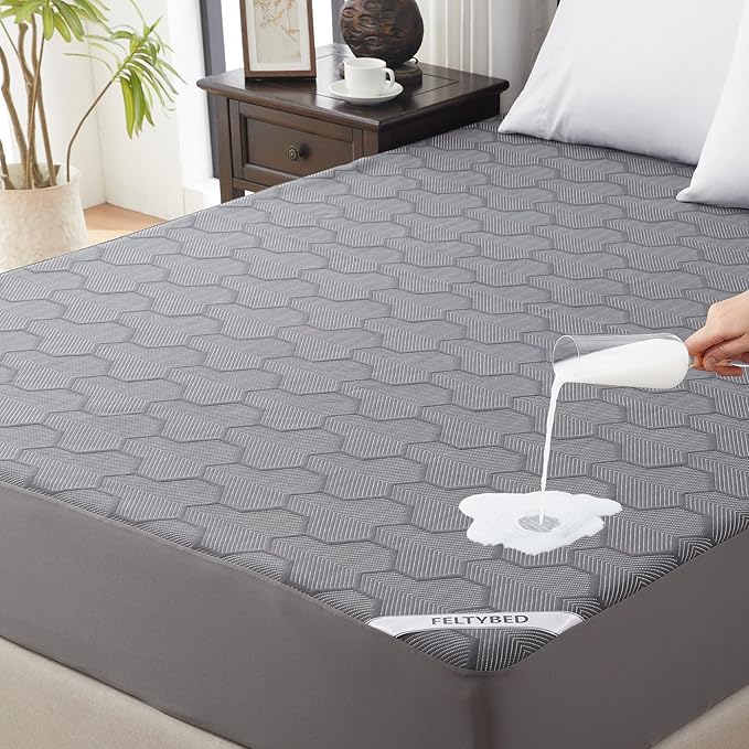 Twin XL Size Waterproof Mattress Protector, 40% Rayon Derived from Bamboo Grey Mattress Pad Cover, 3D Air Fabric Breathable Mattress Pad Fitted with Deep Pocket 6"- 15" Machine Washable