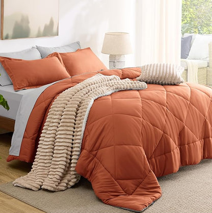Bedsure Full Size Comforter Set - 7 Pieces Reversible Burnt Orange Bedding, Full Size Bed Set for All Seasons, Bed in a Bag with Down Alternative Comforter, Sheets, Pillowcases & Shams