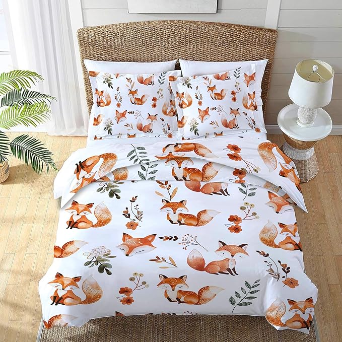 Fox Bedding Set 3 Pieces Queen Size Fox Duvet Cover Comforter Cover Sets with 2 Pillowcases for Boys Girls Teens Men Women