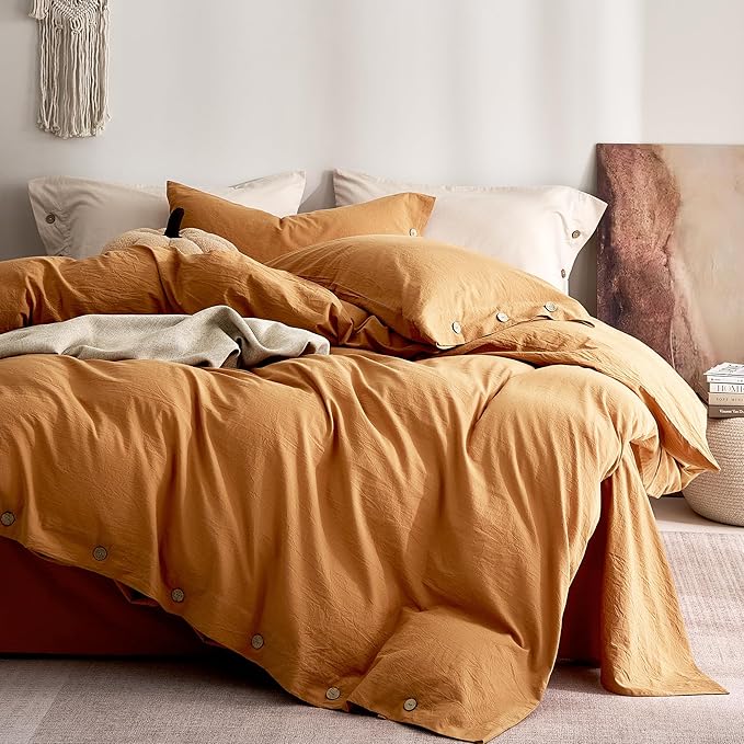 JELLYMONI 100% Washed Cotton Duvet Cover Twin – Soft, Breathable Linen-Look Bedding with Natural Wrinkle Texture, Button Closure, 3-Piece Set (Amber Orange, 68"x90")