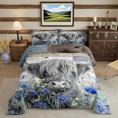 Highland Cow Comforter Set King Size,Colorful Flowers Bedding Set 3pcs for Kids Teens Adults Room Decor,Rustic Farmhouse Barn Wooden Quilt Set Nature Animals Plants Duvet Insert,Blue Grey