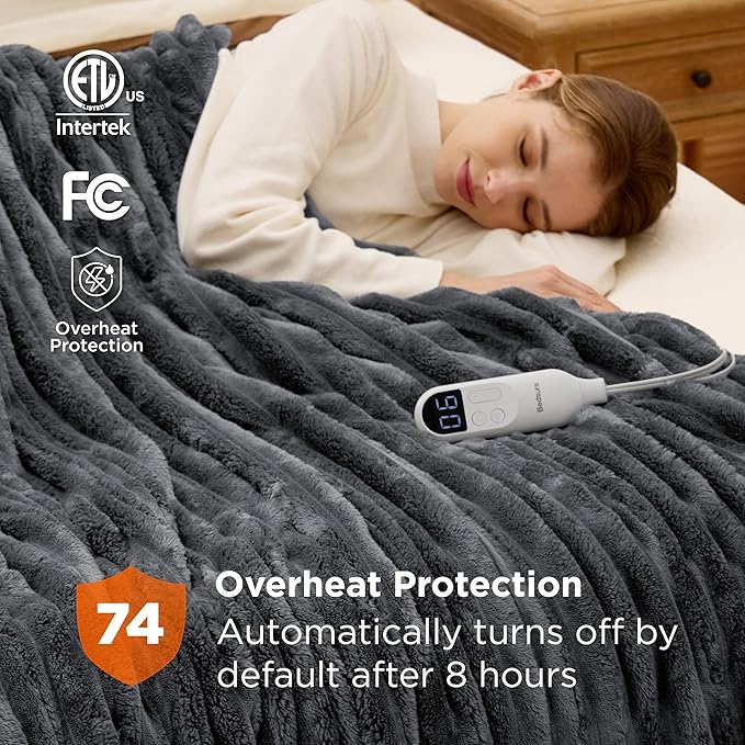 Bedsure Electric Blanket Full Size - Thick Striped Flannel Heated Blanket with 6 Heat Settings, Heating with 10 Time Settings, 8-Hour Timer Auto Shut Off, Gift for Grandma (72x84 inches, Grey)