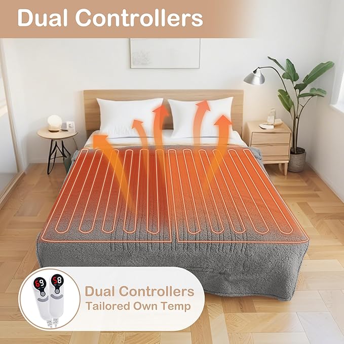 Electric Heated Blanket Queen Size 84"×90" Dual Control, 6 Heating Settings & 1-10H Auto Off, Heating Double Sided Plush Sherpa, Fast Heating, Machine Washable for Christmas Gift - Light Gray