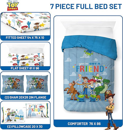 Jay Franco Kids Comforter Set Includes Sheets and Pillow Cover - Soft and Cozy Bed Set for Stylish Room Decor, Blue - Toy Story, 7 Piece Full