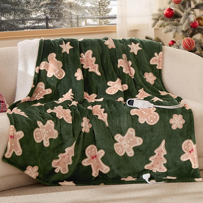 Bedsure Heated Blanket Throw - Flannel Sherpa Electric Blanket with Gingerbread Pattern, for Grandma, Heated Throw with 6 Heating Levels, 4 Time Settings, 3-Hour Auto-Off (50"x60")