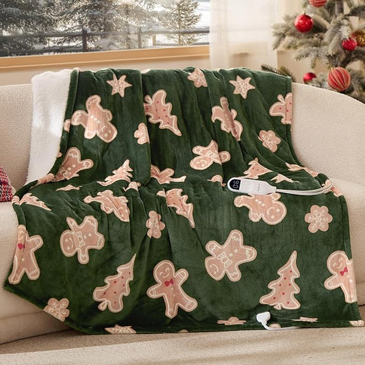 Bedsure Heated Blanket Throw - Flannel Sherpa Electric Blanket with Gingerbread Pattern, for Grandma, Heated Throw with 6 Heating Levels, 4 Time Settings, 3-Hour Auto-Off (50"x60")