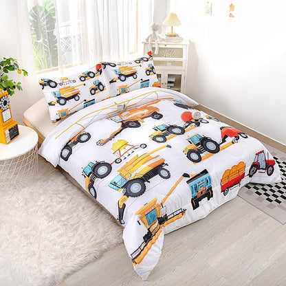 CVHOUSE Tractor Bedding Sets for Boys,Excavators Comforter Full,Boys Cartoon Truck Comforter Set,Trucks Tractors Cars Quilt Set with 1 Comforter and 2 Pillow Cases- 3 Piece