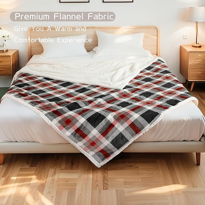Electric Heated Blanket 72"x84" Full Size, Soft Flannel and Sherpa Double-Sided Material with 4 Heating Levels and 10 Hours Auto-Off, Machine Washable, Cozy Plush Fabric for Home, Black & Red Plaid