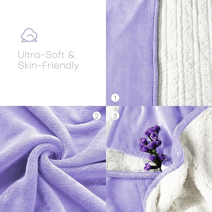 Electric Heated Blanket Queen Size 84"x90" - Coral Fleece & Sherpa Fabric Dual-Sided, 4 Heat Settings & 10 Hours Auto Off, Soft Warming Throw for Home, Office, or Bed, Machine Washable, Light Purple