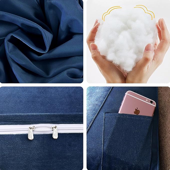 WOWMAX 100% Cotton Velvet Headboard Pillow – Queen Size Wedge Back Support Reading Bolster for Bed & Daybed, Handmade Firm Support Cushion with Removable Cover, Soft Luxury Bed Rest Pillow, Deep Blue