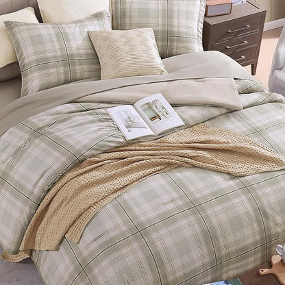 MaiRêve Plaid Twin XL Comforter Set, Khaki Green Grid Bedding Set for Boys & Girls, Classic Checkered Bed in A Bag Comforter Sets with Fitted & Flat Sheet, Pillowcase & Sham 66"x90"