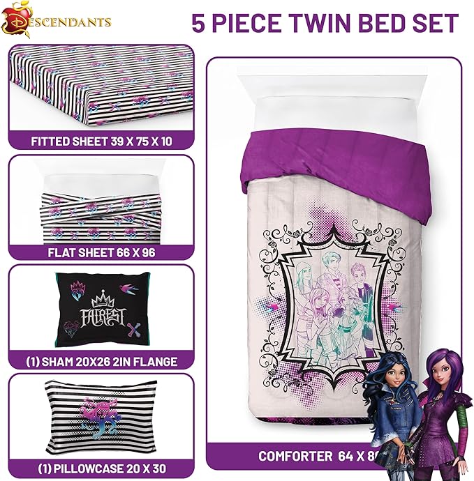 Jay Franco Kids Comforter Set Includes Sheets and Pillow Cover - Soft and Cozy Bed Set for Stylish Room Décor, Multi - Descendants, 5 Piece Twin