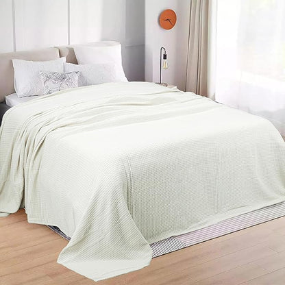 HILLFAIR 100% Cotton Blanket- 120" x 120" XXL Oversized King Bed Blankets - Family Size 10 ft x 10 ft Big - All Season Soft Cozy Breathable Blankets for Bed - Extra Large King Cotton Blanket- Ivory