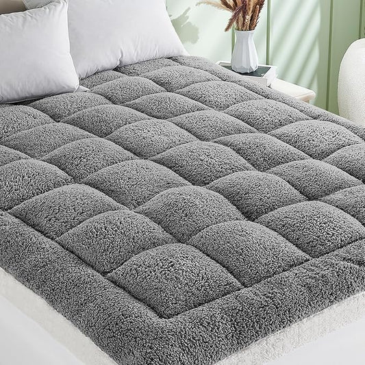Cymula Twin XL Mattress Topper, Sherpa Mattress Pad for College Dorm Bed 2inch Extra Thick Mattress Cover with 900GSM Down Alternative Soft Pillow Top, Grey