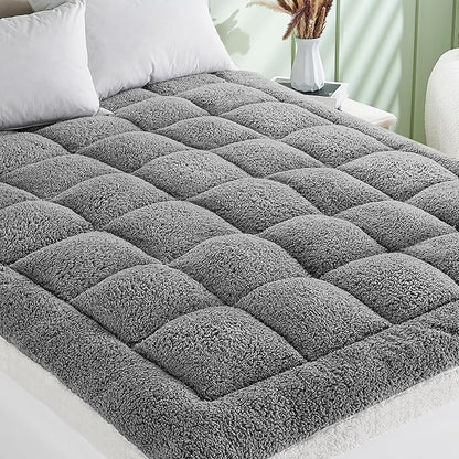 Cymula Pillow Top Mattress Topper King Sherpa Mattress Pad for Back Pain Extra Thick Mattress Pillow Top with 8-21" Deep Pockets Mattress Cover for King Size Bed, Grey