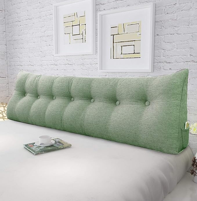 Wedge Headboard Pillow Dorm Room Reading Pillow Back Support for Sitting Up in Bed Bolster Lumbar Cushion Body Positioning Bedrest Cotton Linen 76in Grass Green King